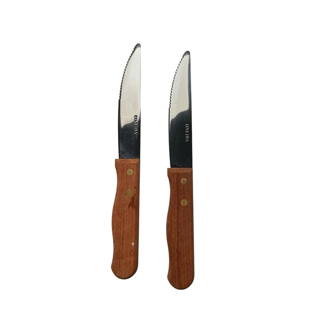 Oneida Steak Knives Set of 2 Stainless Serrated Blade Wood Handle Triple Rivet‎
